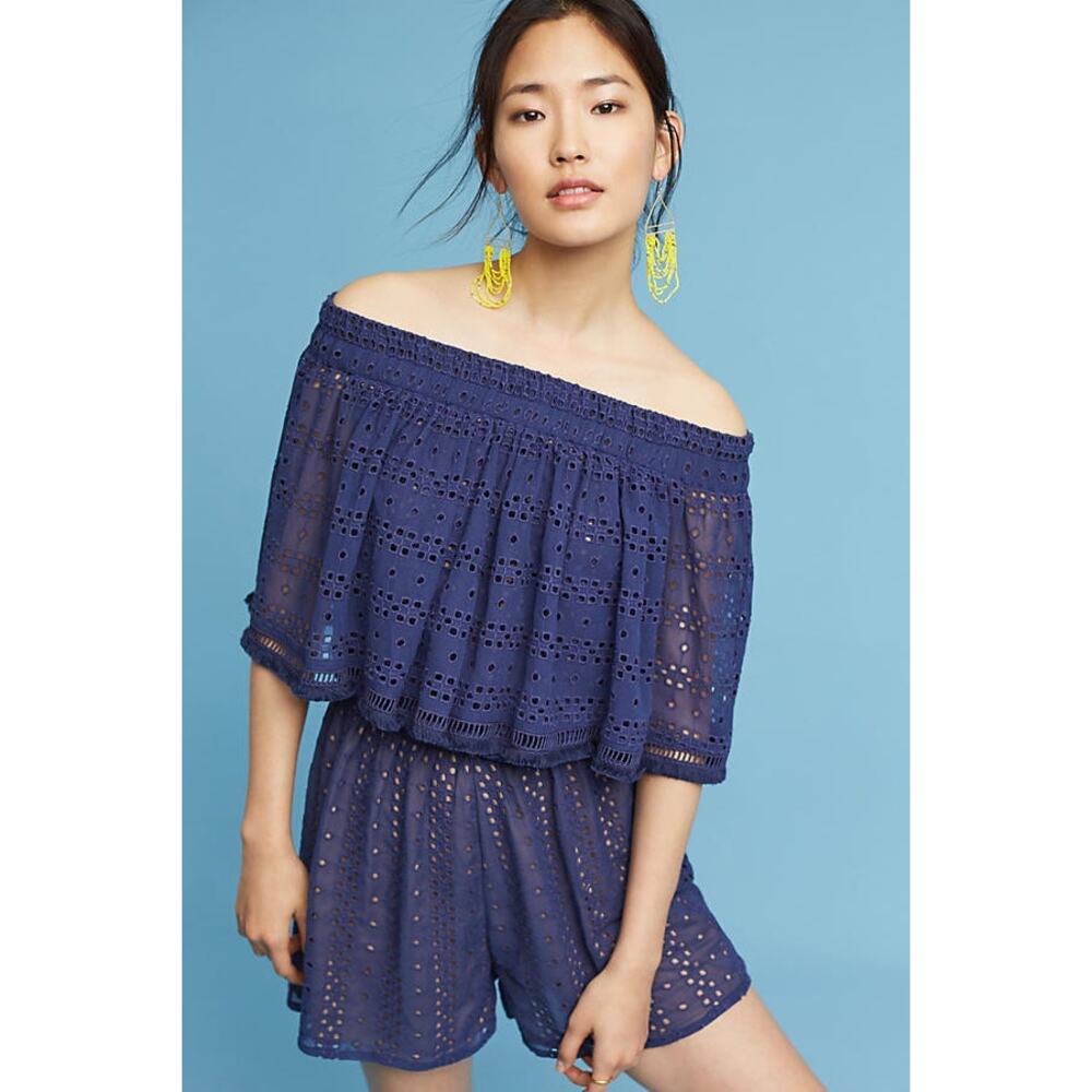 Ranna Gill Tiered Eyelet Off The Shoulder Romper